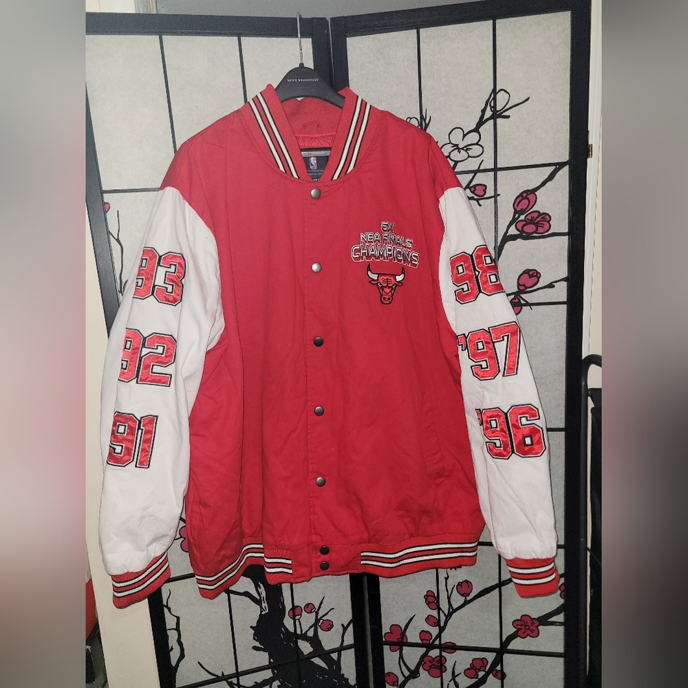 Men's Red and White Bulls 6peat Varsity Jacket